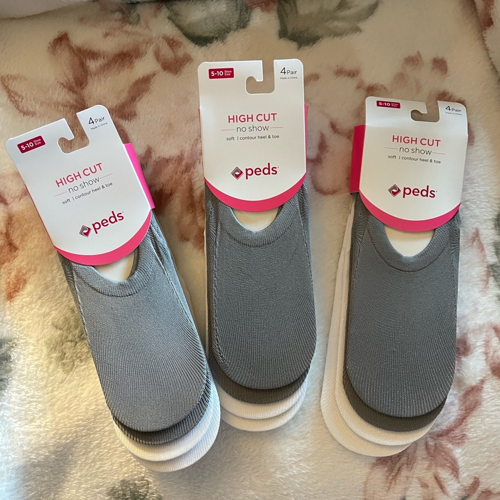 PEDS Gray and White High Cut 4 pack liners shoes size size 5-10